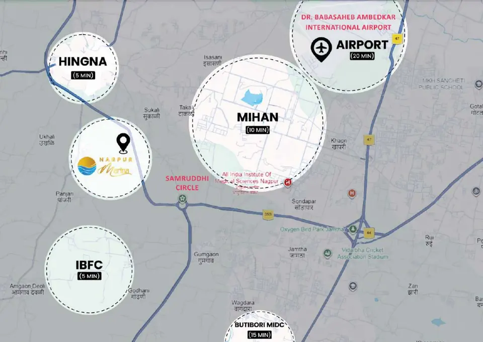Developer’s location map of Nagpur Marina showing Hingna, IBFC, MIHAN, Butibori MIDC and the airport