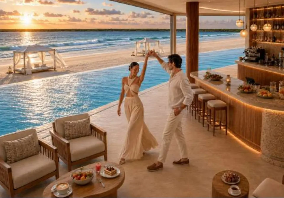 Waterfront dining terrace at sunset