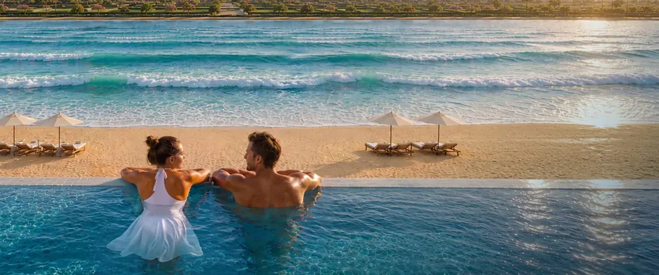 Couple in the pool looking out over the wave pool and beach