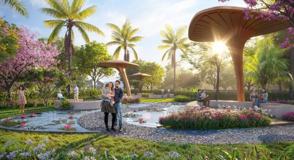 Landscaped garden with lotus pond and shade canopies